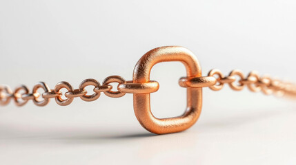 Fototapeta premium A close-up of a copper chain with intricate textured links against a soft white background. The chain symbolizes connection, strength, and security in a modern, minimalistic design.