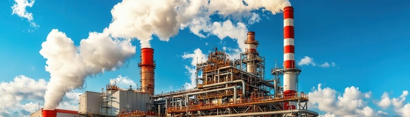 Obraz premium Smoke billowing from industrial chimneys against a blue sky.