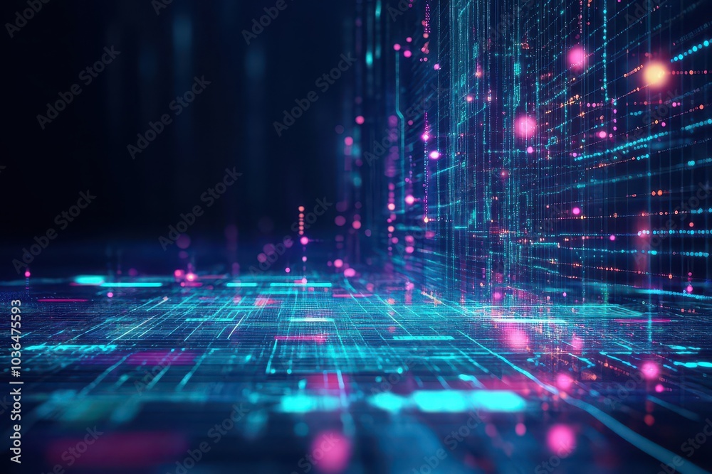 Leinwandbilder data visualization flow, holographic data points, glowing mesh grid, dark tech background, abstract 