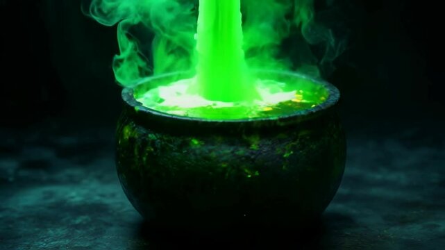 A black magic cauldron sitting isolated in the center of a dark background with mystical ambiance