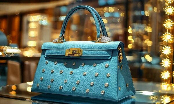 Elegant blue handbag adorned with decorative studs.