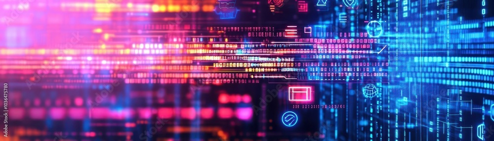 Poster digital abstract city design with tech symbols and neon lights close up, focus on, copy space dynami