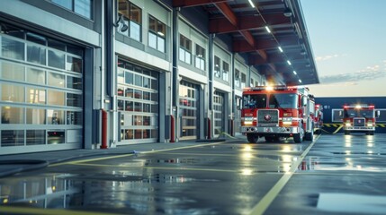 Modern Fire Station with Emergency Vehicles at Sunset