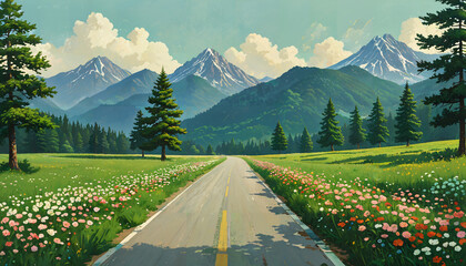 Fototapeta premium Route pittoresque à travers les montagnes et les prairies fleuries