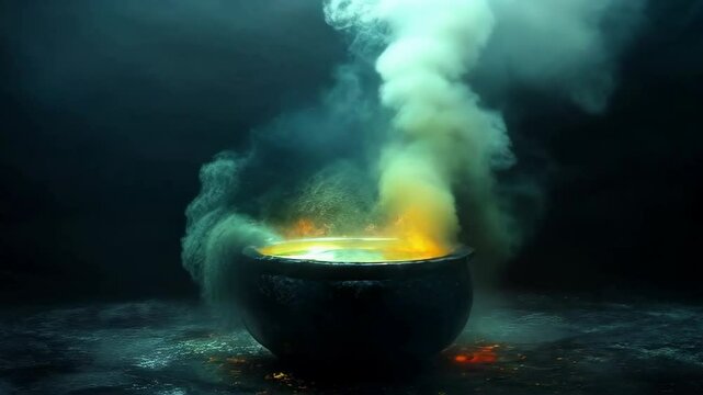 A mystical black magic cauldron isolated in the center of a dark background, creating a mysterious aura