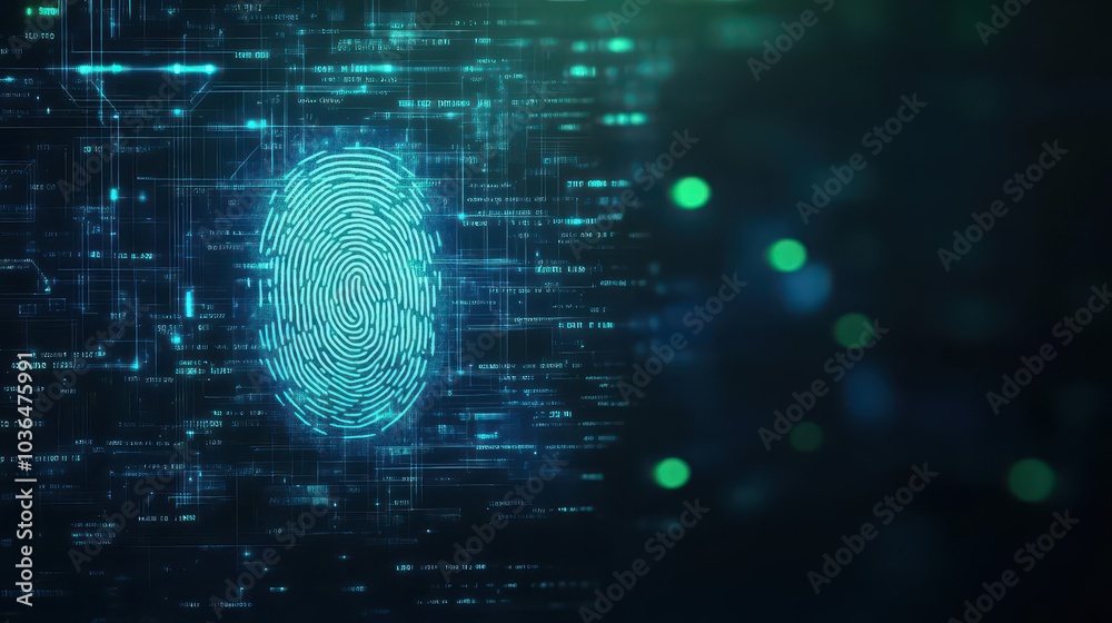 Poster digital fingerprint scan unlocking encrypted data stream, glowing blue and green effects, photoreali