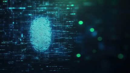 Digital fingerprint scan unlocking encrypted data stream, glowing blue and green effects, photorealistic, dark tech background