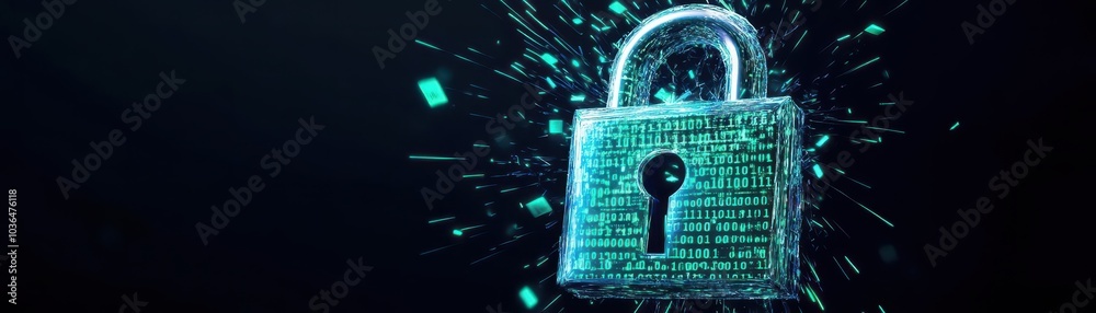 Aufkleber Digital lock shattering into binary code, glowing fragments flying, deep black background, surrealist style, vibrant cyan and green tones