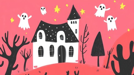 A spooky haunted house with ghosts and stars on a pink background.