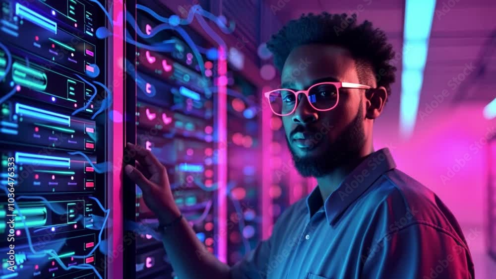 Poster A technician adjusts settings on data servers, surrounded by vibrant LED lights casting a colorful glow in a high-tech data center. The atmosphere conveys a blend of innovation and technology.