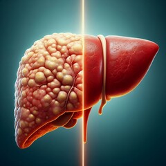 A conceptual medical illustration showing the comparison between a fatty liver and a healthy liver