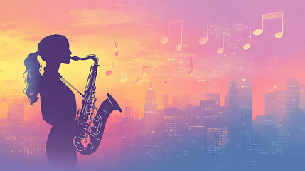 Obraz premium The person playing saxophone in the city, silhouette photo