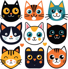Fototapeta premium Nine Adorable Cartoon Cat Faces in a Row