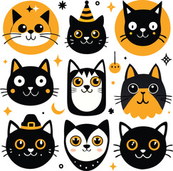 Cute Halloween Black Cat Cartoon Icons Set