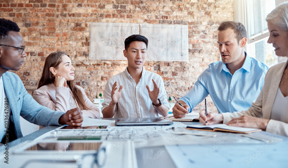 Poster Man, discussion and architect in meeting, office and circle for ideas, blueprint and solution with project. Team, group and scrum with floor plan, creativity and diversity for property at startup