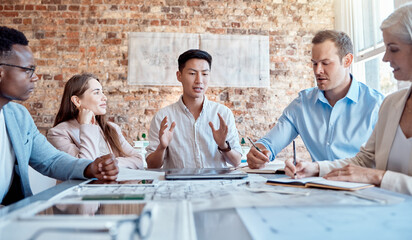 Man, discussion and architect in meeting, office and circle for ideas, blueprint and solution with...