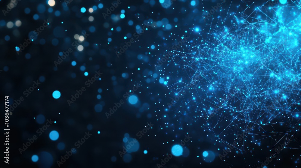 Poster floating blue particles, dark abstract background, dynamic glow effect, digital energy