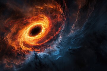 A large black hole with a bright orange center background.