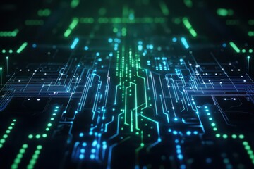 Futuristic 3D render of a circuit board with flowing holographic data streams, neon blue and green circuits glowing, dark digital background, AI technology