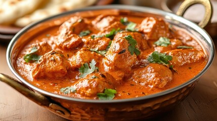 Close-up of a bowl of chicken Tikka Masala with rich, creamy sauce and spices. 
