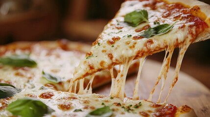 Close-up of a slice of Margherita pizza being pulled away with melted cheese stretching. 