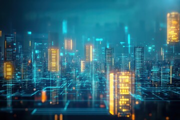 Futuristic city skyline with floating firewalls and encrypted data towers, glowing in gold and blue, scifi matte painting