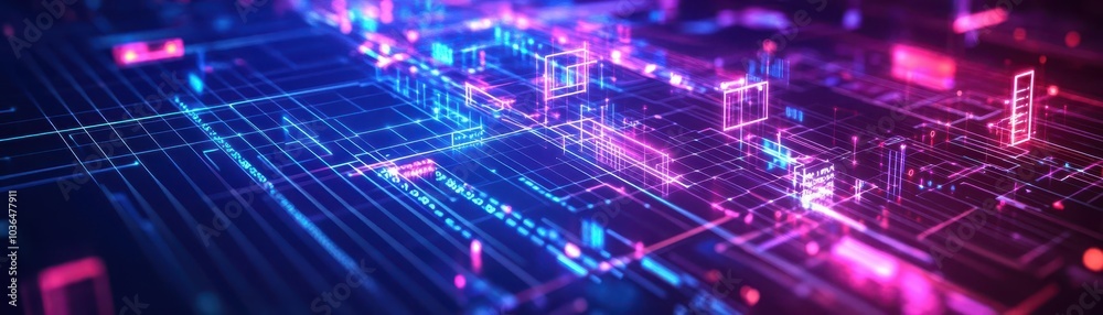 Aufkleber futuristic data flow, neon circuits, glowing geometric patterns, grid overlay, hightech backdrop