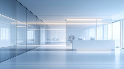 Fototapeta premium Modern office, elegant lobby, long glass windows