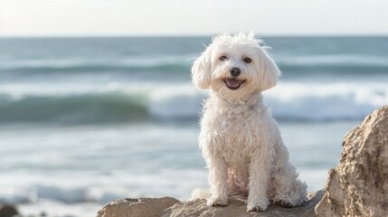 cute white dog with a smart gaze wearing a colorful bandana