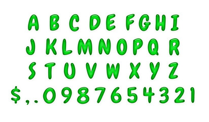 Chewy green cartoon alphabet, jelly-like numbers and symbols on a transparent background. Fun and playful font. PNG file for illustrations, designs, and creative projects.