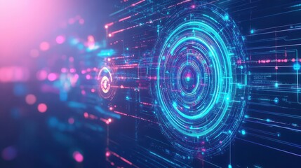 Obraz premium Glowing abstract spirals rotating around data nodes