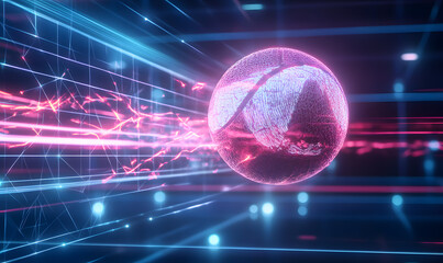 Obraz premium Dynamic Volleyball Action with Neon Lights and Abstract Geometric Patterns for Futuristic Sports Branding