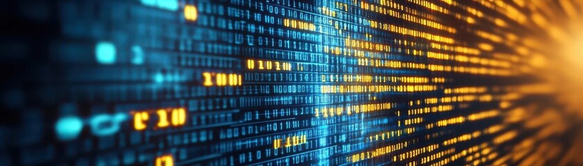 Golden binary code cascading down in organized rows, side view, showing the elegance of algorithmic patterns, futuristic tone, Analogous Color Scheme