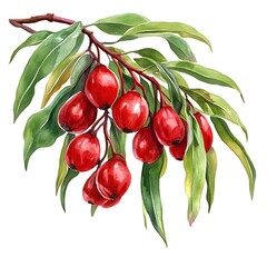Watercolor Illustration of Red Berries on a Green Branch.