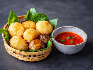 Goldenfried mushrooms sitting next to a bowl of spicy dipping sauce, served in a simple bamboo basket