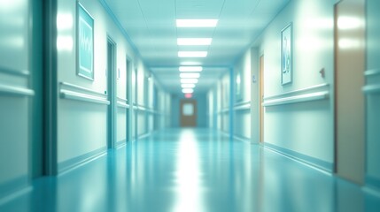 Obraz premium Blurred hospital corridor with bright overhead lights,
