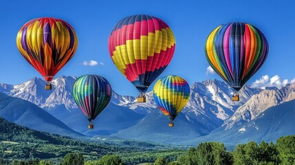 Obraz premium Five colorful hot air balloons soar over a mountain range, with blue sky and white clouds.
