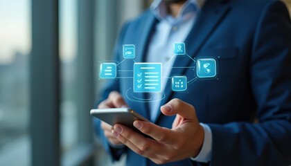 Invoice and online digital statements concept. Businessman using smartphone with invoice icons on virtual screen