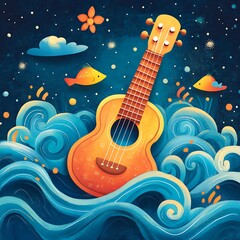 Ukulele Floating on Ocean Waves with Fish and Flowers.