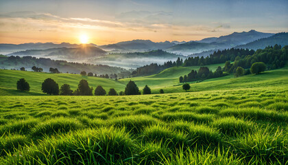 Fototapeta premium Lever de soleil sur des collines verdoyantes