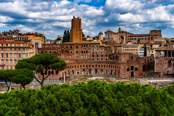 Forum Traiani with a large building in the middle and a tree in the foreground