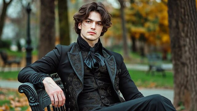 handsome man wearing black 18th century Regency black outfit sitting at autumn park 