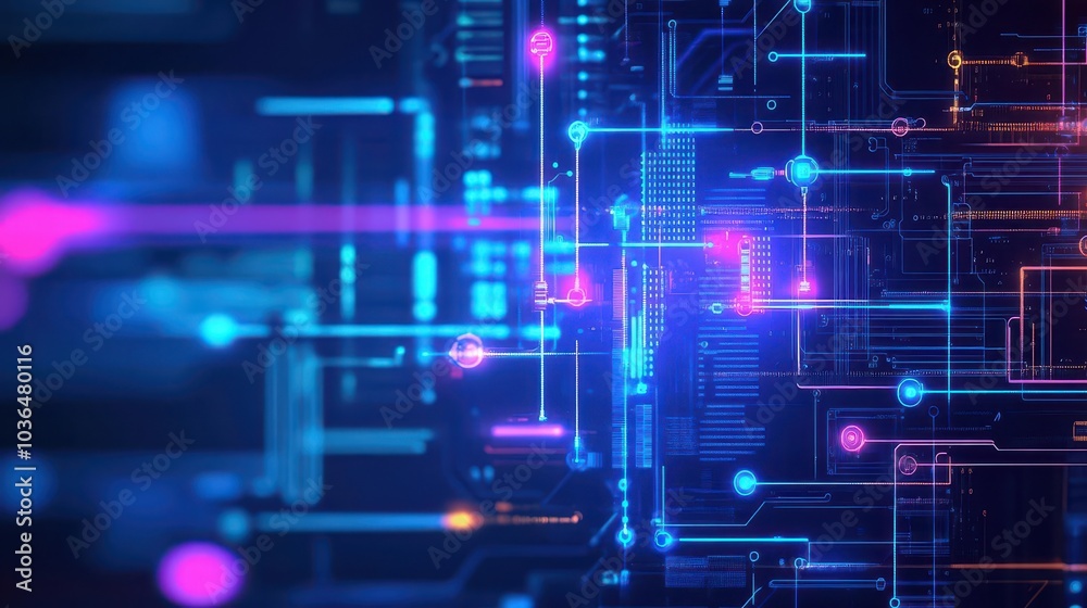 Aufkleber holographic futuristic motherboard with glowing circuits, floating neon data nodes, abstract technol
