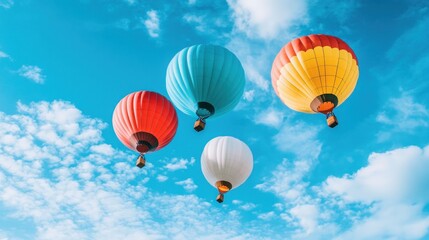 Obraz premium Four colorful hot air balloons flying against a blue sky with white clouds.