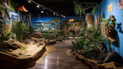 An indoor exhibit recreating a jungle habitat with realistic animal models, plants, and a sandy path.