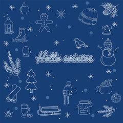 Sketches of winter elements on a blue background
