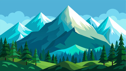 Towering mountains loom in the distance their snowcapped peaks standing in stark contrast to the lush greenery of the forest below.