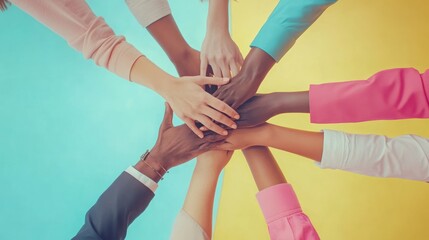 Diverse hands of people of different races and genders are joined together in a gesture of unity, symbolizing teamwork, collaboration, and inclusion.