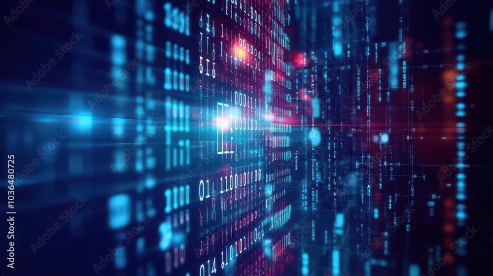Fototapete Layers of floating binary digits intertwined in a vast digital matrix, front view, showing the interconnectedness of data, advanced tone, Splitcomplementary color scheme