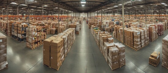 A wide shot of a large warehouse with rows of stacked cardboard boxes, illuminated by overhead lights.